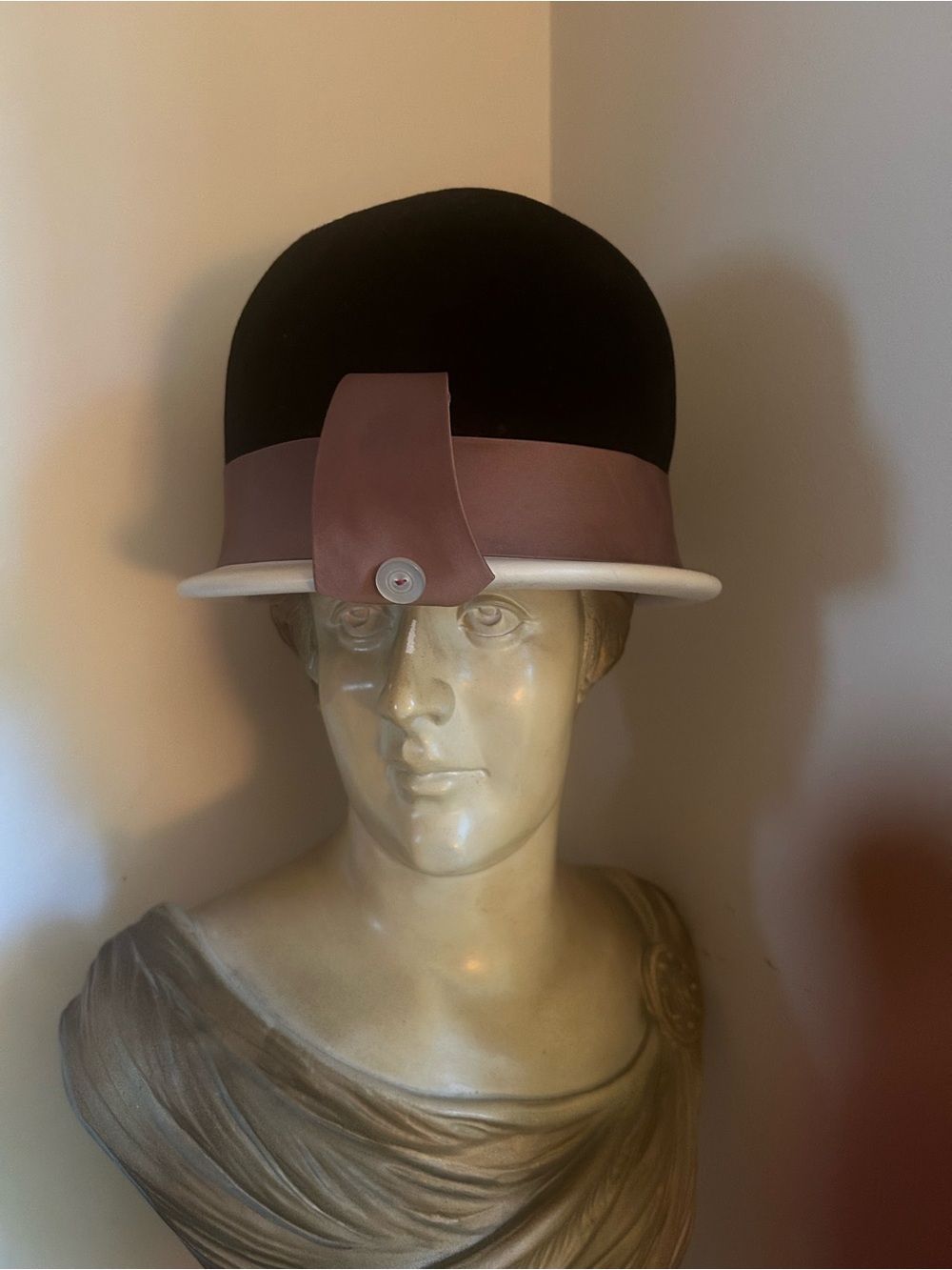 Vintage Black Cloche Hat with brown Band and Ivory Brim
